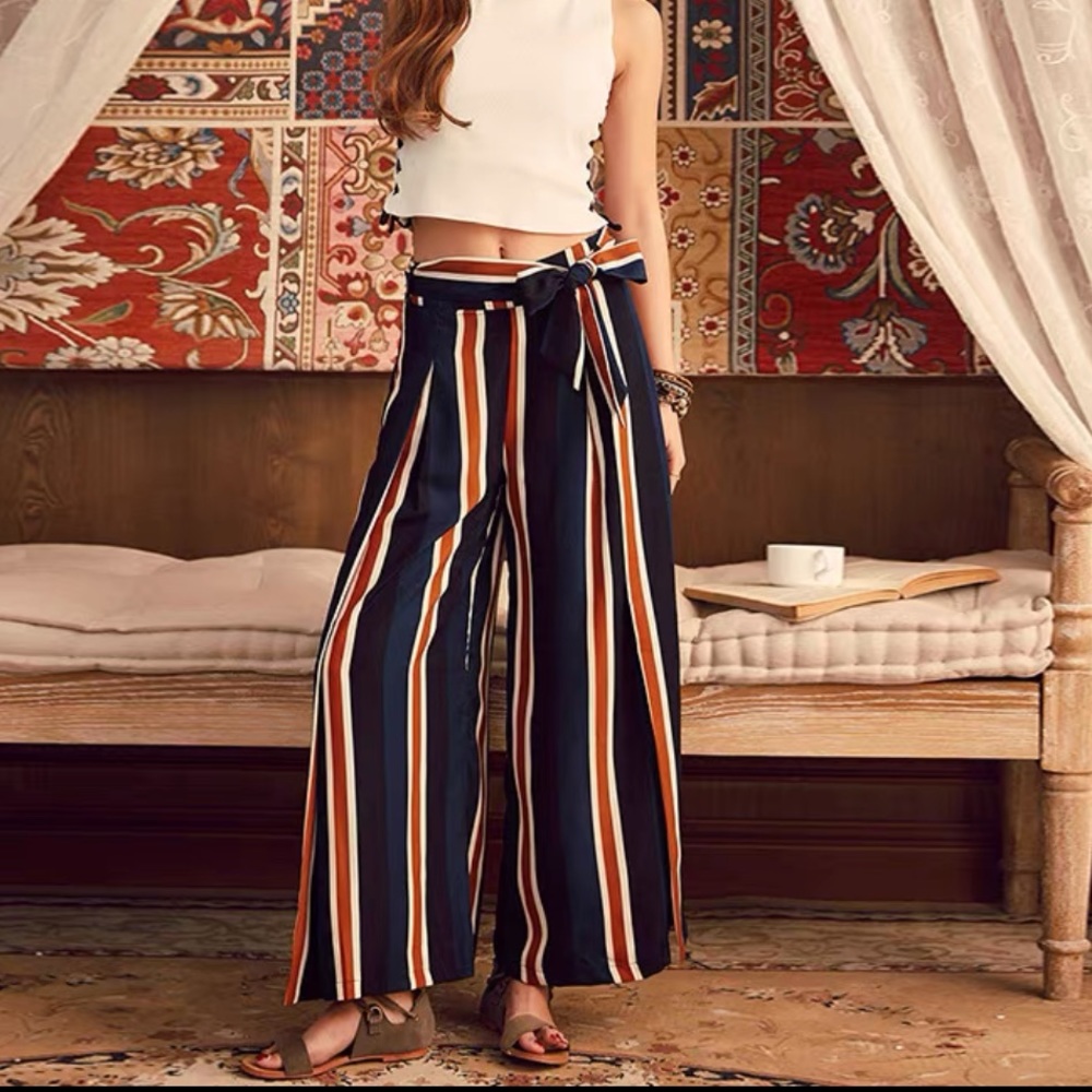 Stripped wide leg pants with belt - Picture 4 of 16